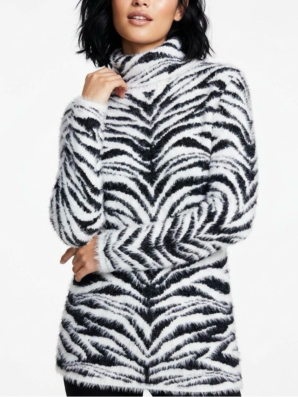 INC International Concepts Zebra-Print Fuzzy Turtleneck Sweater - Size M